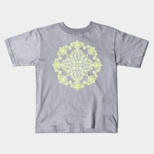 Pale Lemon Yellow Lace Mandala on Grey Kids T-Shirt